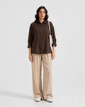 Mocha Brown Button Down Shirt & Beige Flapper Trouser For Women