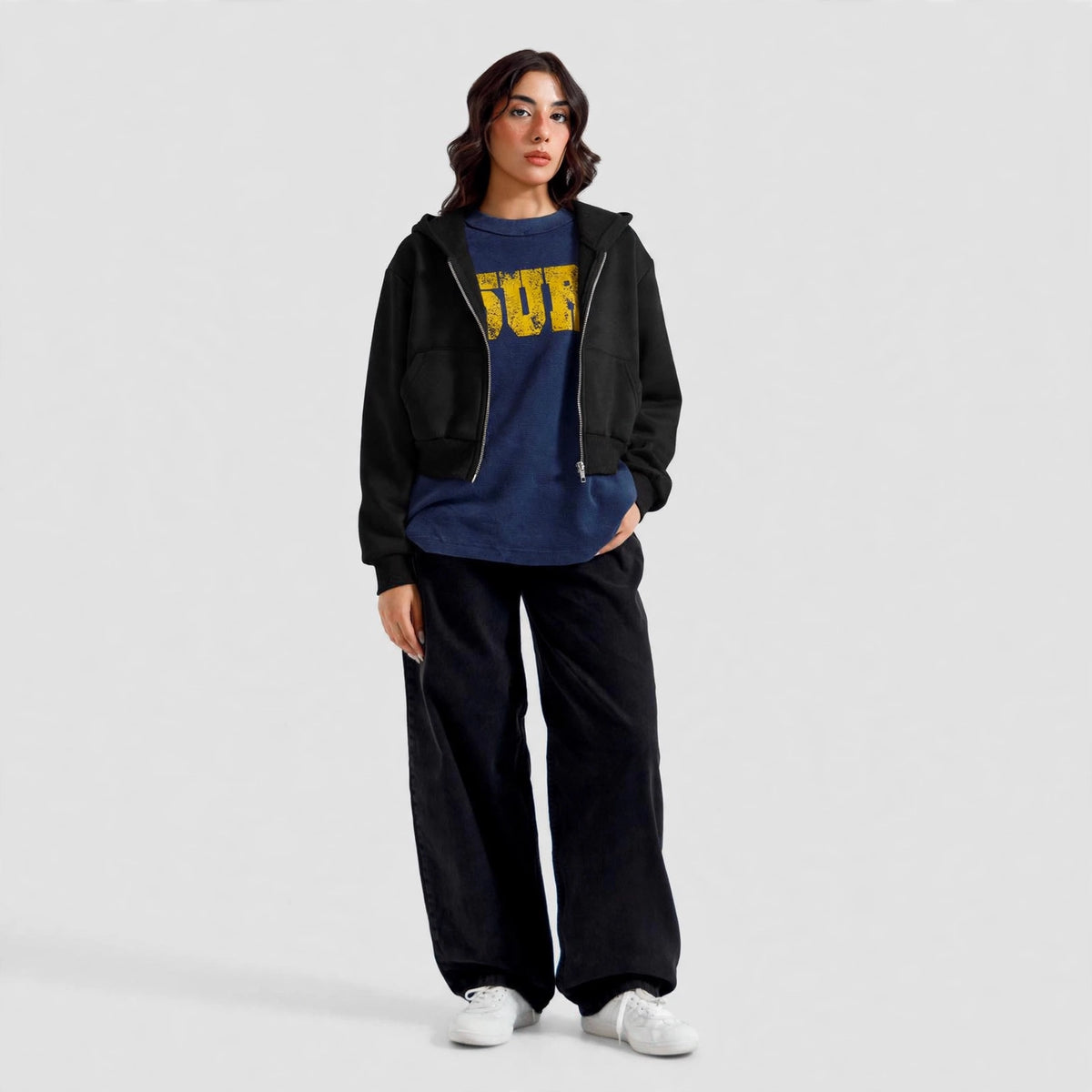 Women's Cropped Zip-Up Hoodie - Oversized Fleece Crop Hoodie - Black