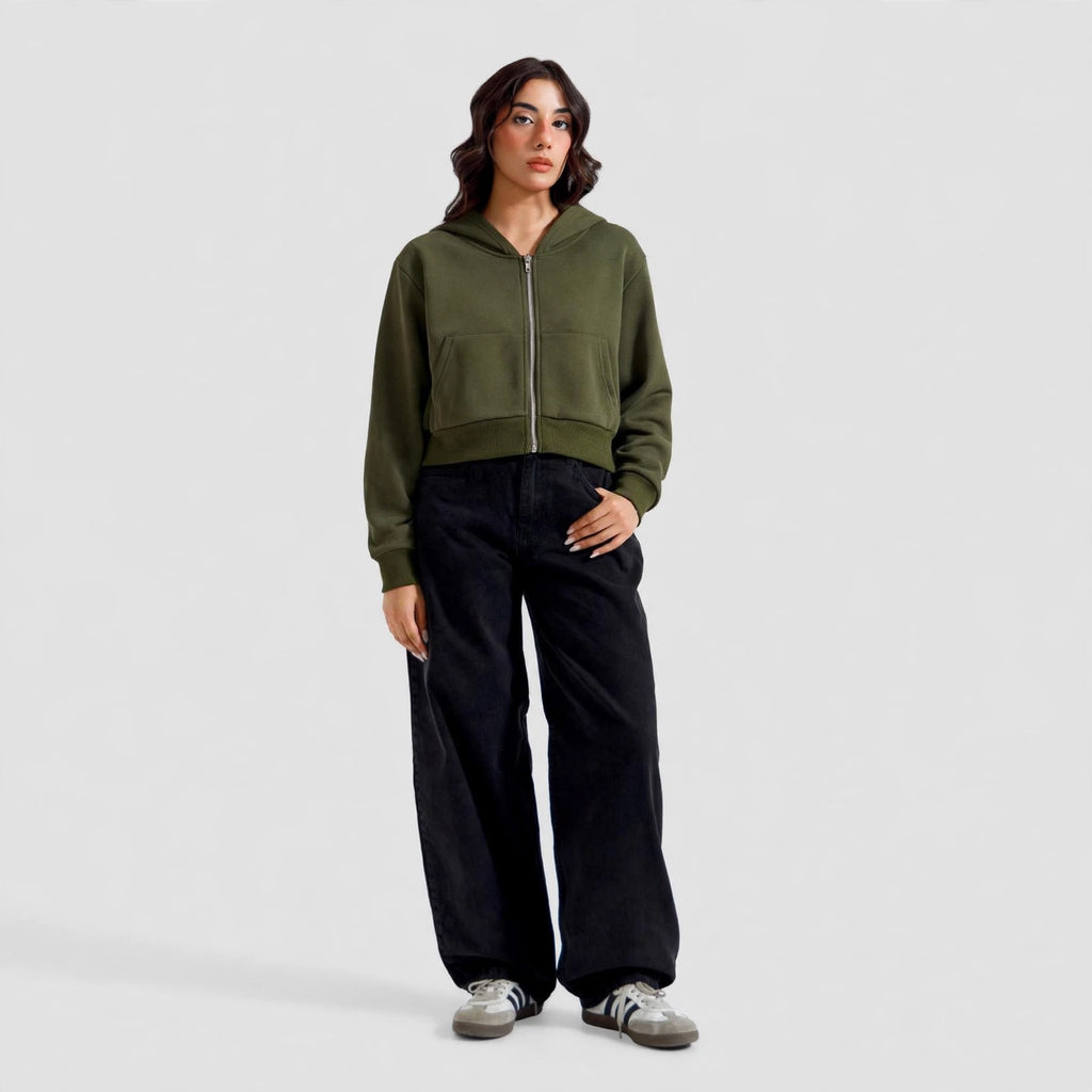 Women's Cropped Zip-Up Hoodie - Oversized Fleece Crop Hoodie - Olive Green