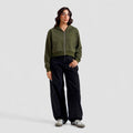 Women's Cropped Zip-Up Hoodie - Oversized Fleece Crop Hoodie - Olive Green