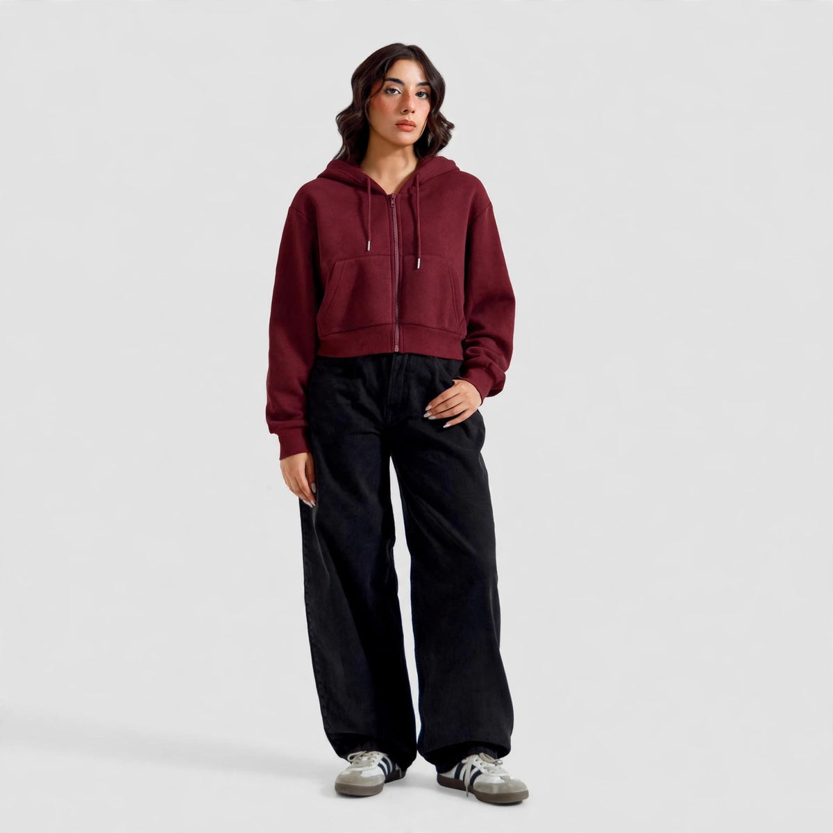 Women's Cropped Zip-Up Hoodie - Oversized Fleece Crop Hoodie - Maroon