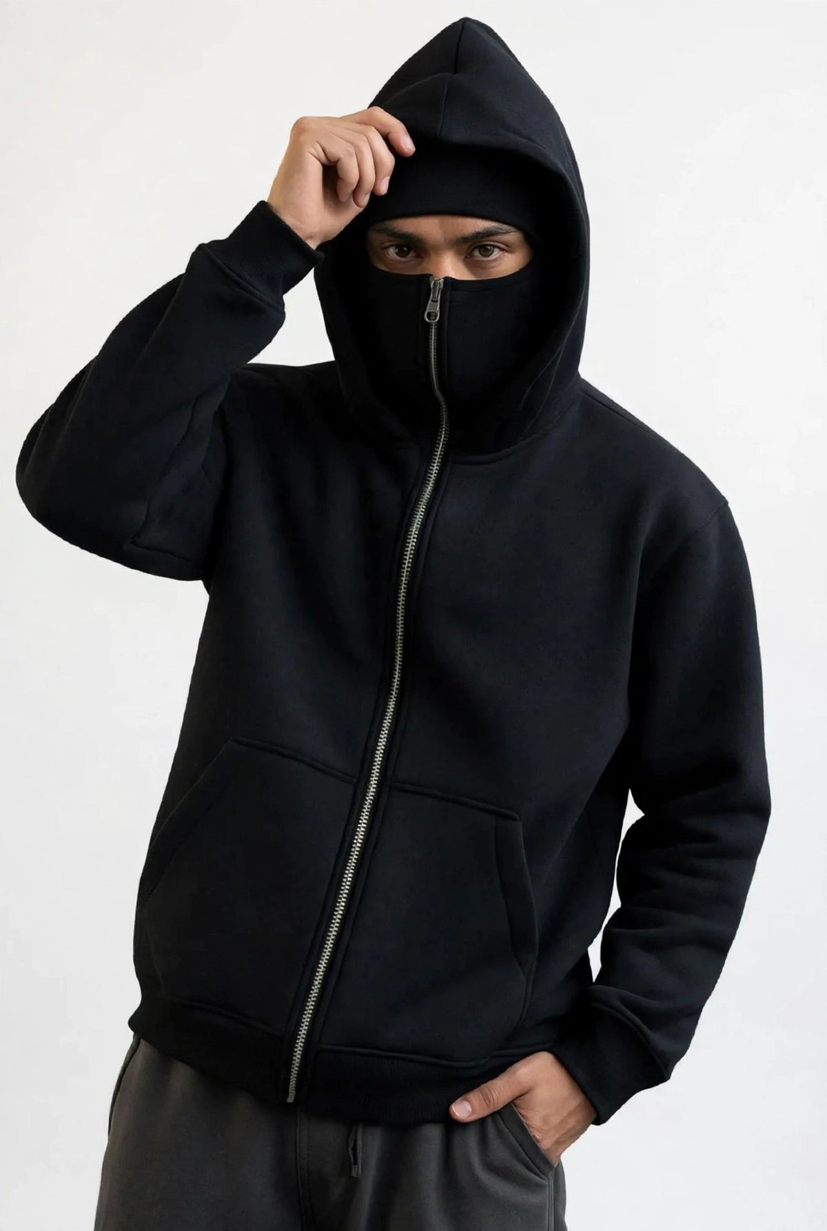 Balaclava Ninja Fleece Full Zipper Hoodie - Black