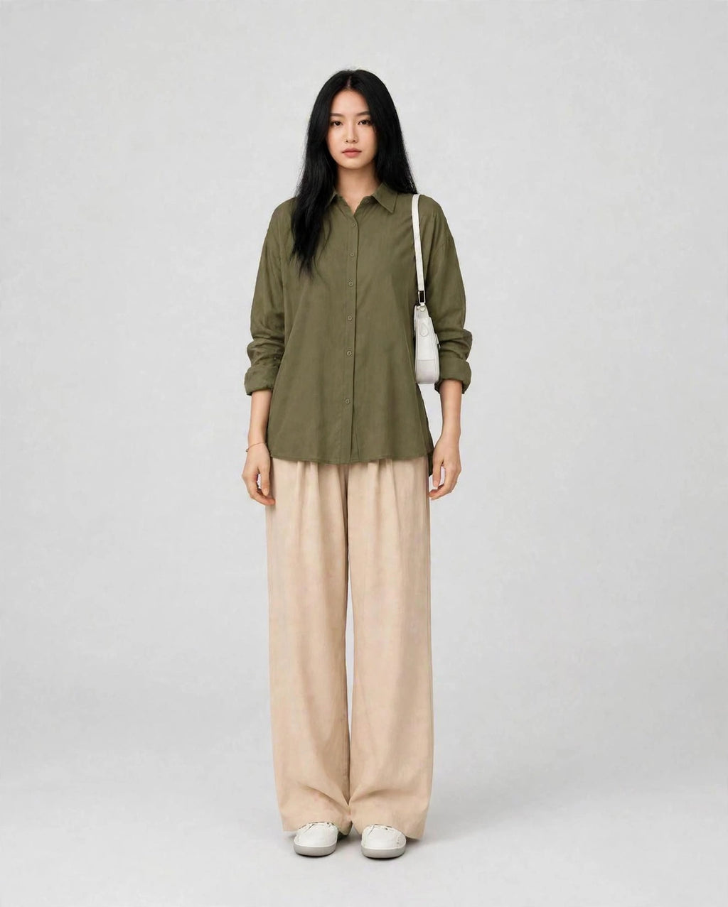 Olive Green Button Down Shirt & Beige Flapper Trouser For Women