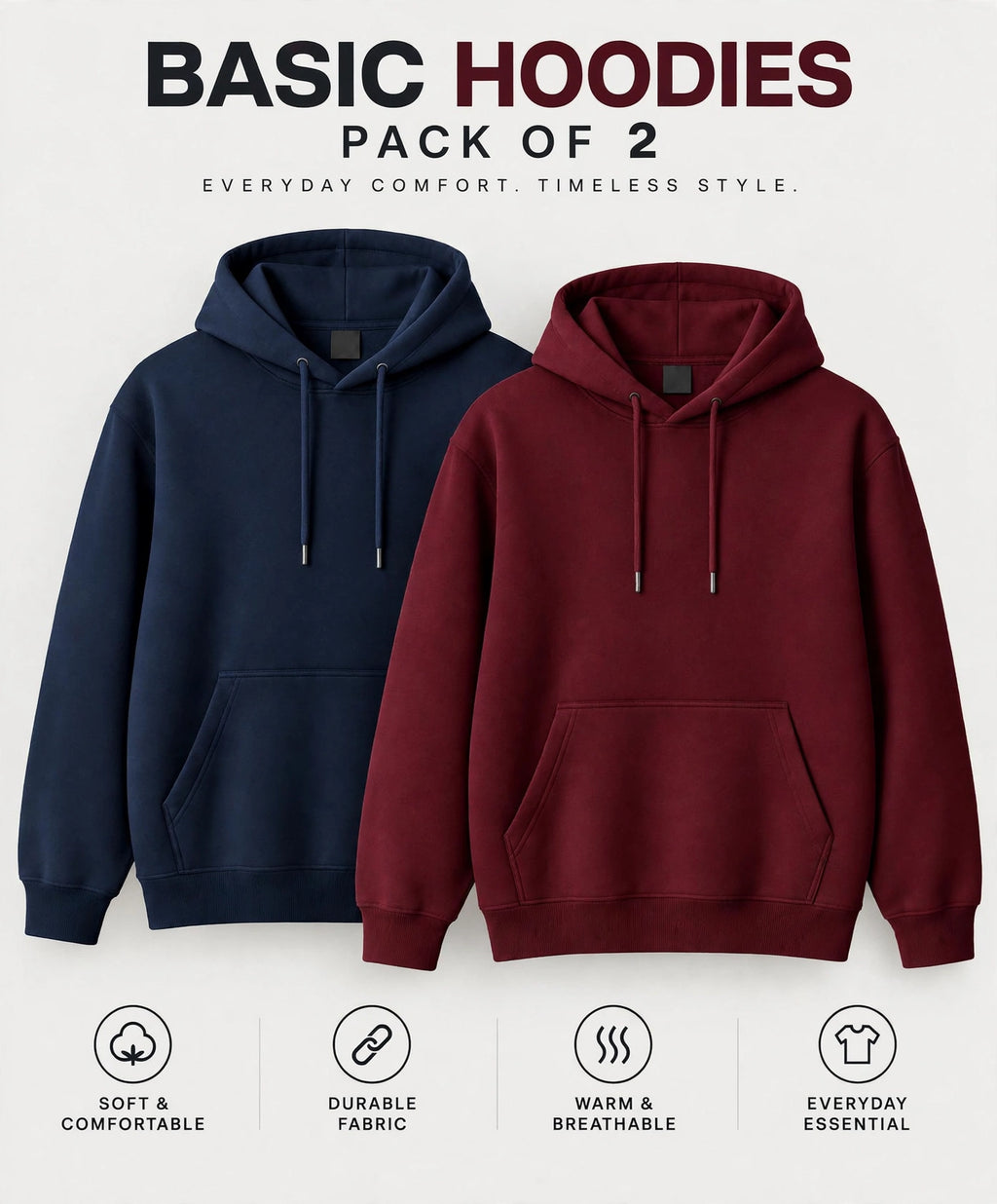 Pack Of Two Fleece Premium Basic Kangaroo Hoodie Unisex - Blue & Maroon