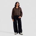 Women's Cropped Zip-Up Hoodie - Oversized Fleece Crop Hoodie - Brown