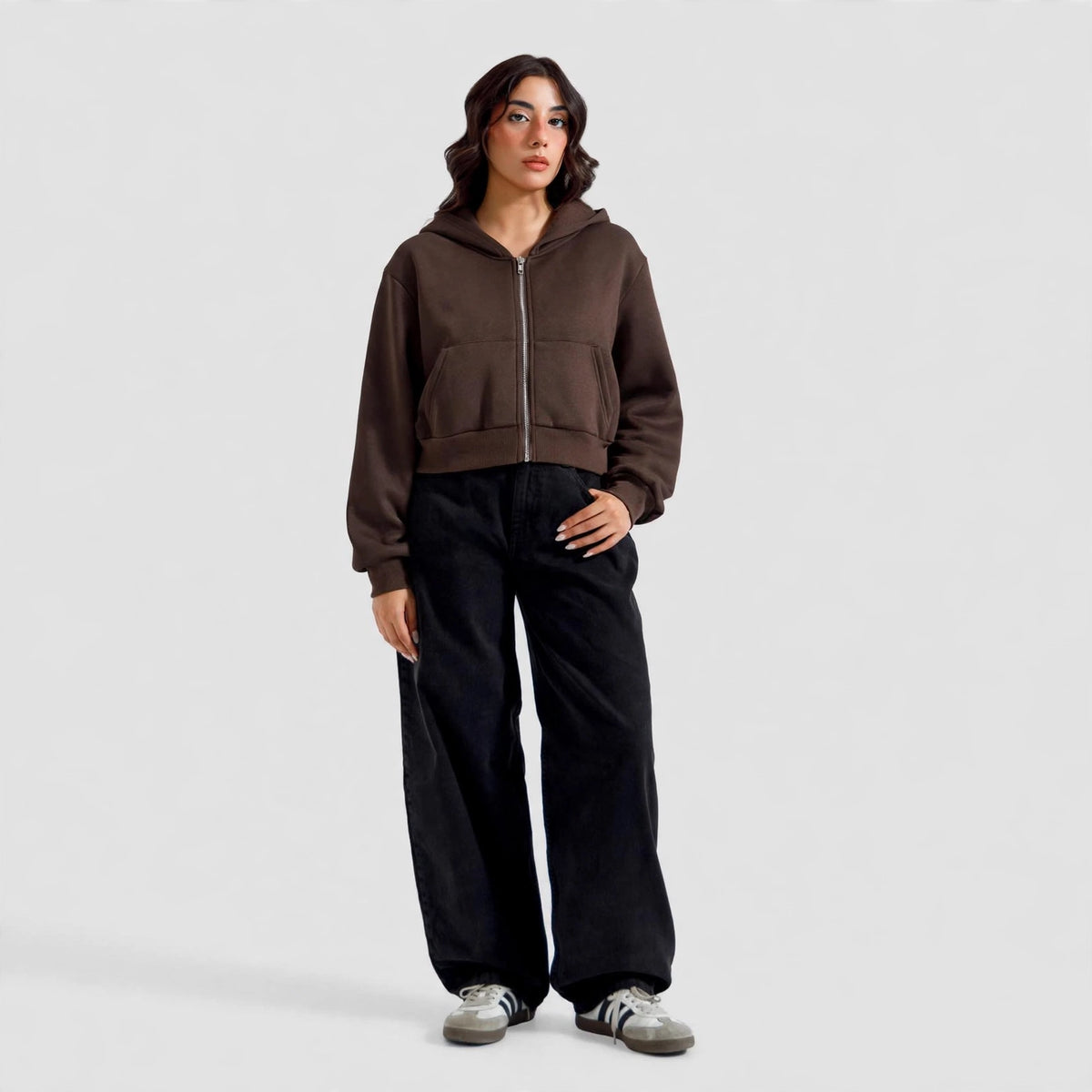 Women's Cropped Zip-Up Hoodie - Oversized Fleece Crop Hoodie - Brown