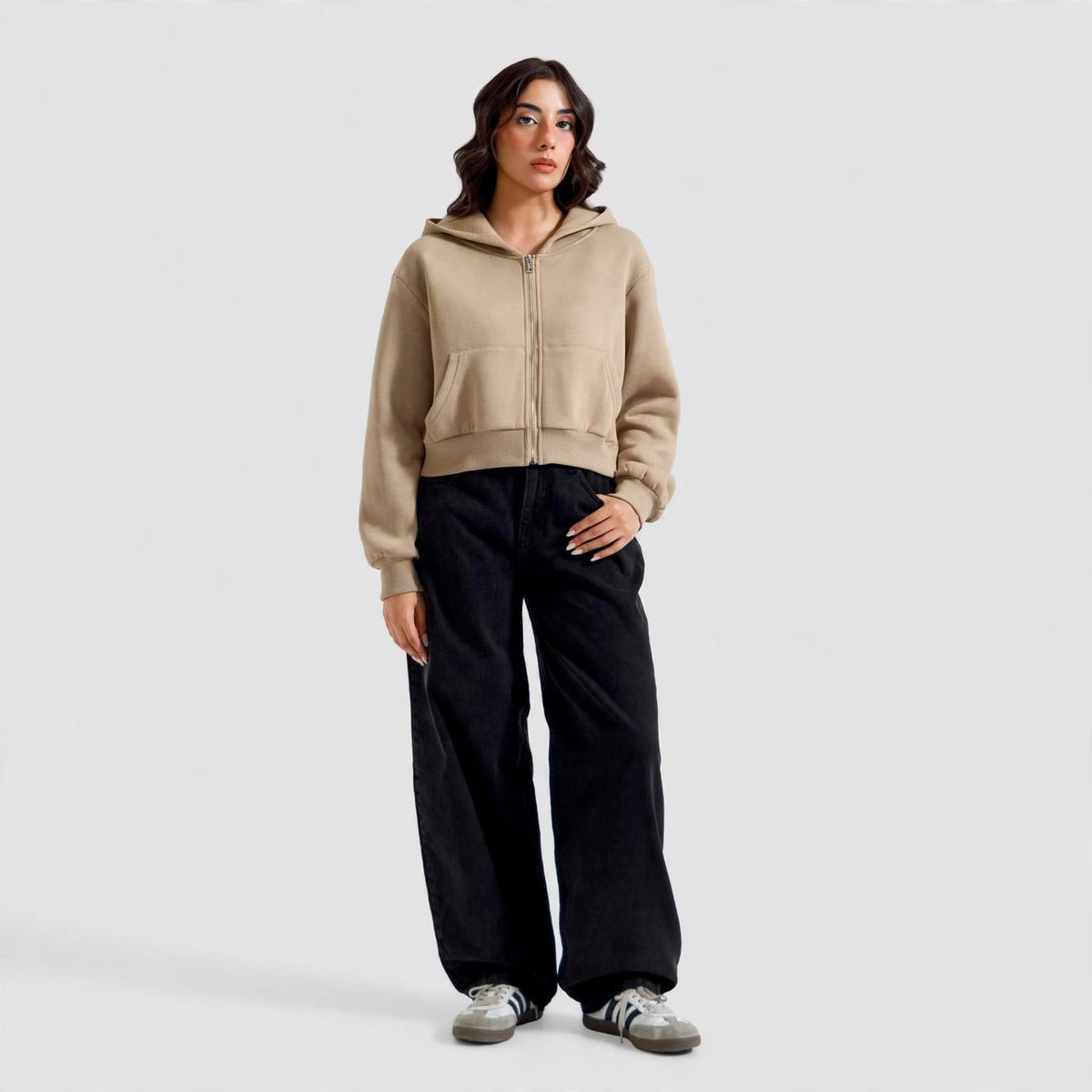 Women's Cropped Zip-Up Hoodie - Oversized Fleece Crop Hoodie - Beige