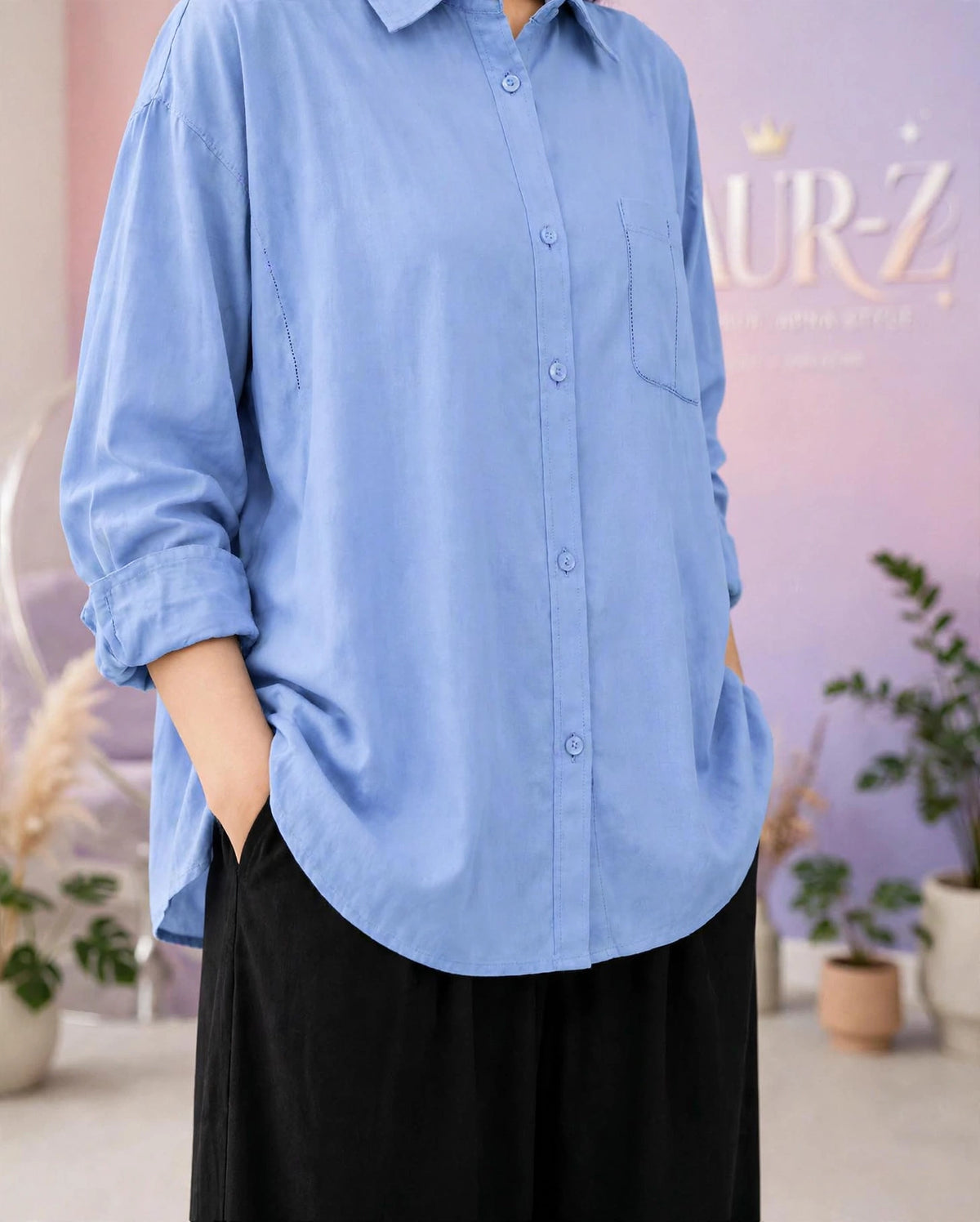 Sky Blue Button Down Shirt & Black Flapper Trouser For Women