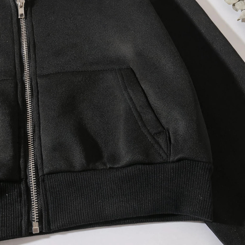 Women's Cropped Zip-Up Hoodie - Oversized Fleece Crop Hoodie - Black