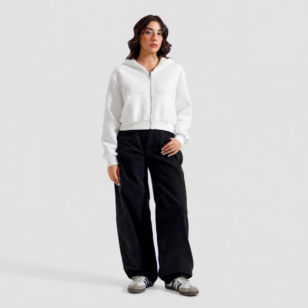 Women's Cropped Zip-Up Hoodie - Oversized Fleece Crop Hoodie - White