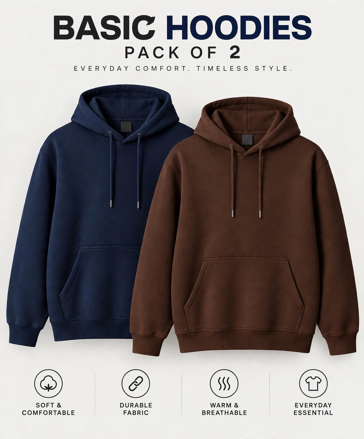 Pack Of Two Fleece Premium Basic Kangaroo Hoodie Unisex - Brown & Blue