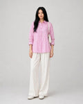 Pink Striped Button Down Shirt & White Flapper Trouser For Women