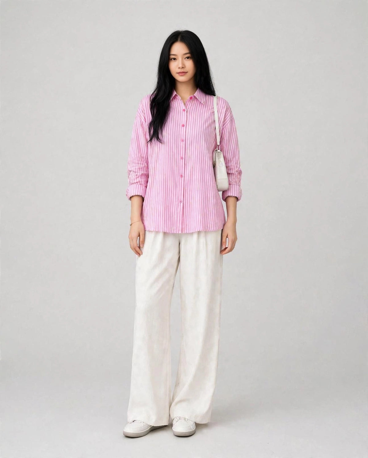 Pink Striped Button Down Shirt & White Flapper Trouser For Women