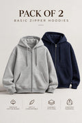 Pack Of Two Fleece Premium Basic Zipper Hoodie Unisex - Grey & Blue