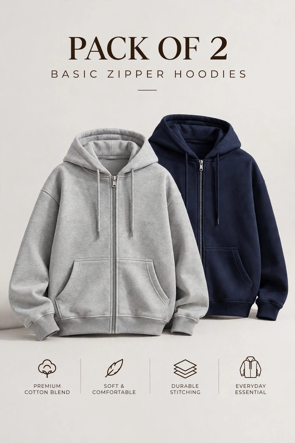 Pack Of Two Fleece Premium Basic Zipper Hoodie Unisex - Grey & Blue