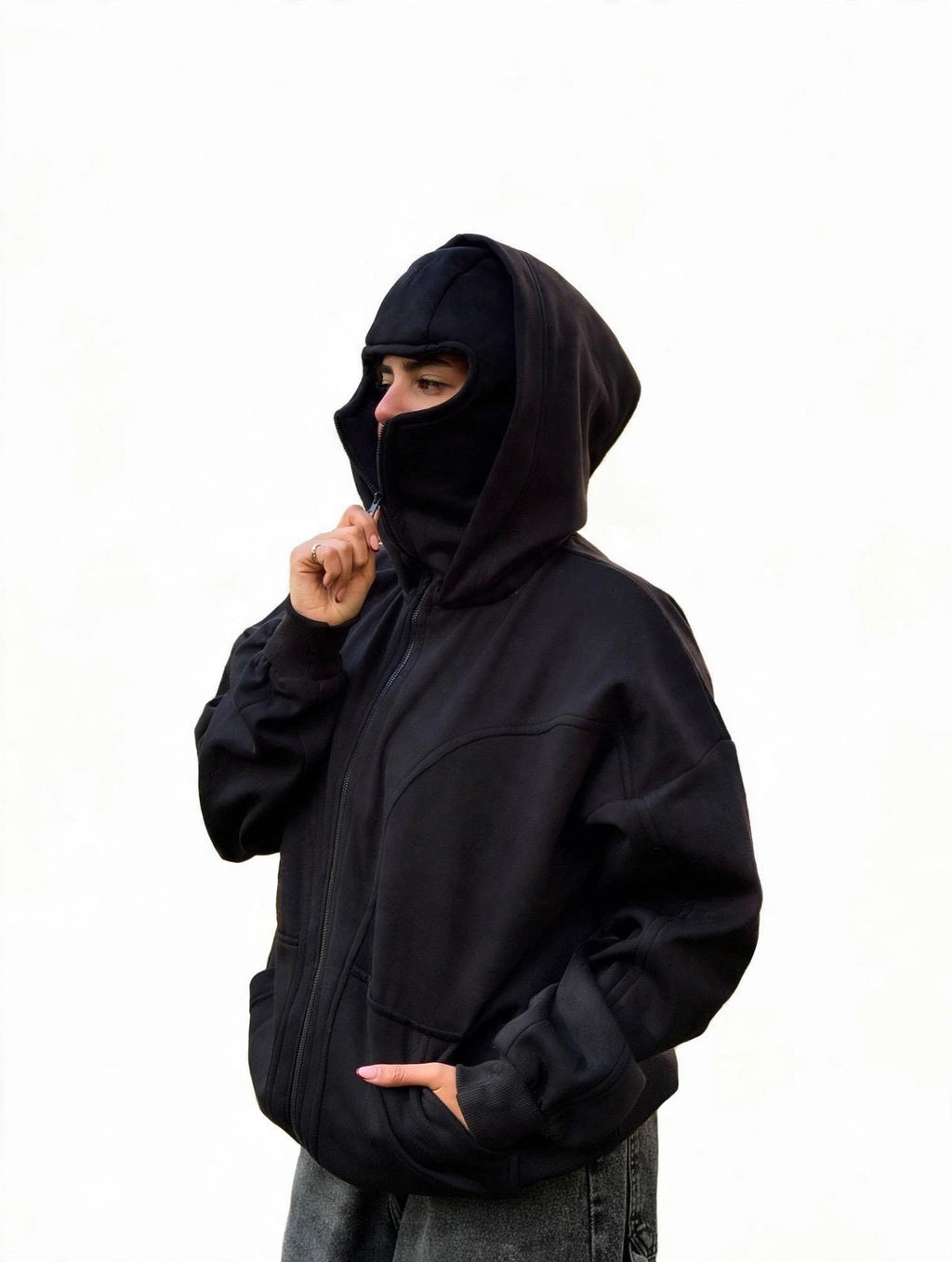 Balaclava Ninja Fleece Full Zipper Hoodie - Black
