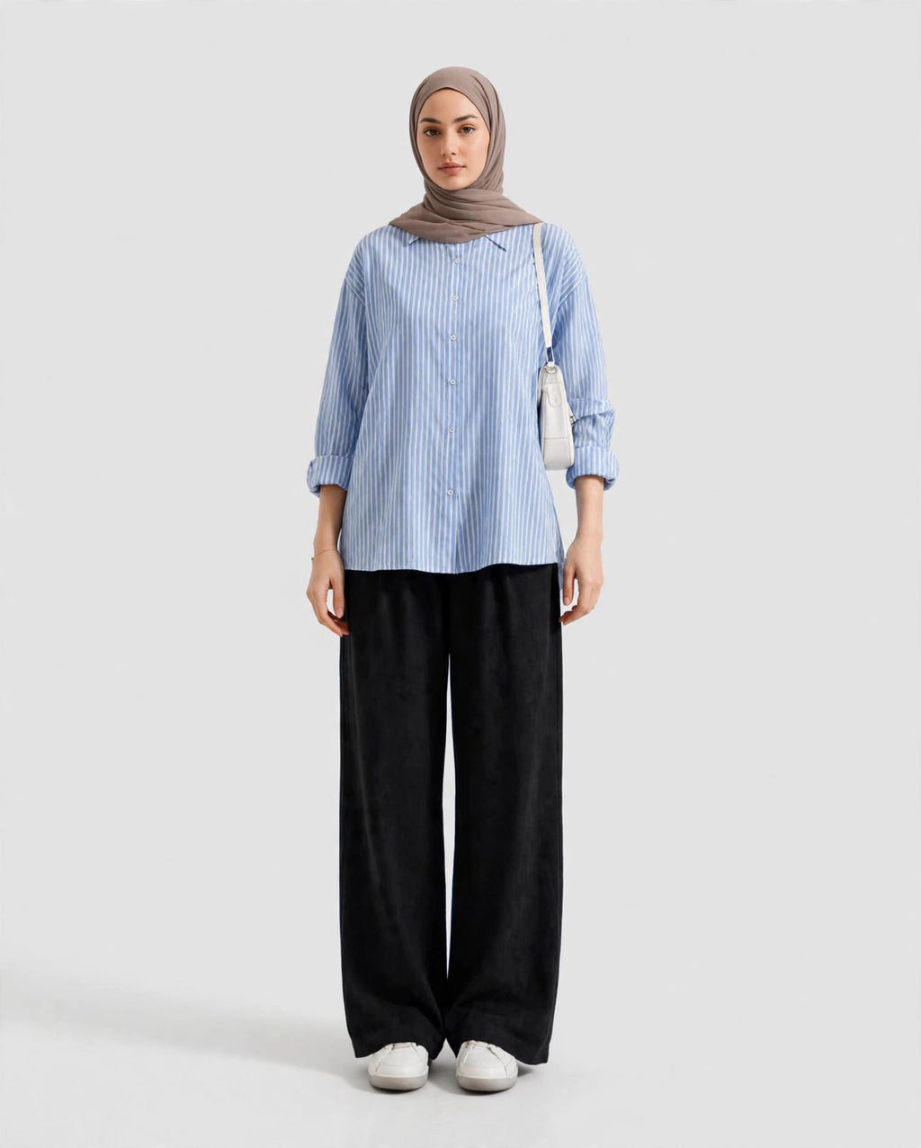 Sky Blue Striped Button Down Shirt And Black Flapper Trouser Co-Ord Set