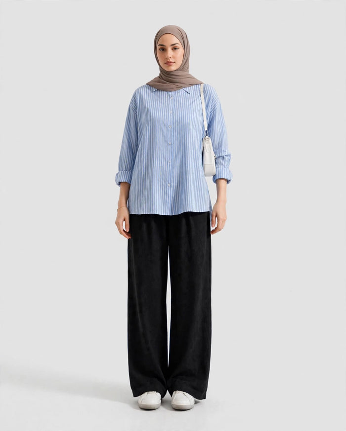 Sky Blue Striped Button Down Shirt And Black Flapper Trouser Co-Ord Set