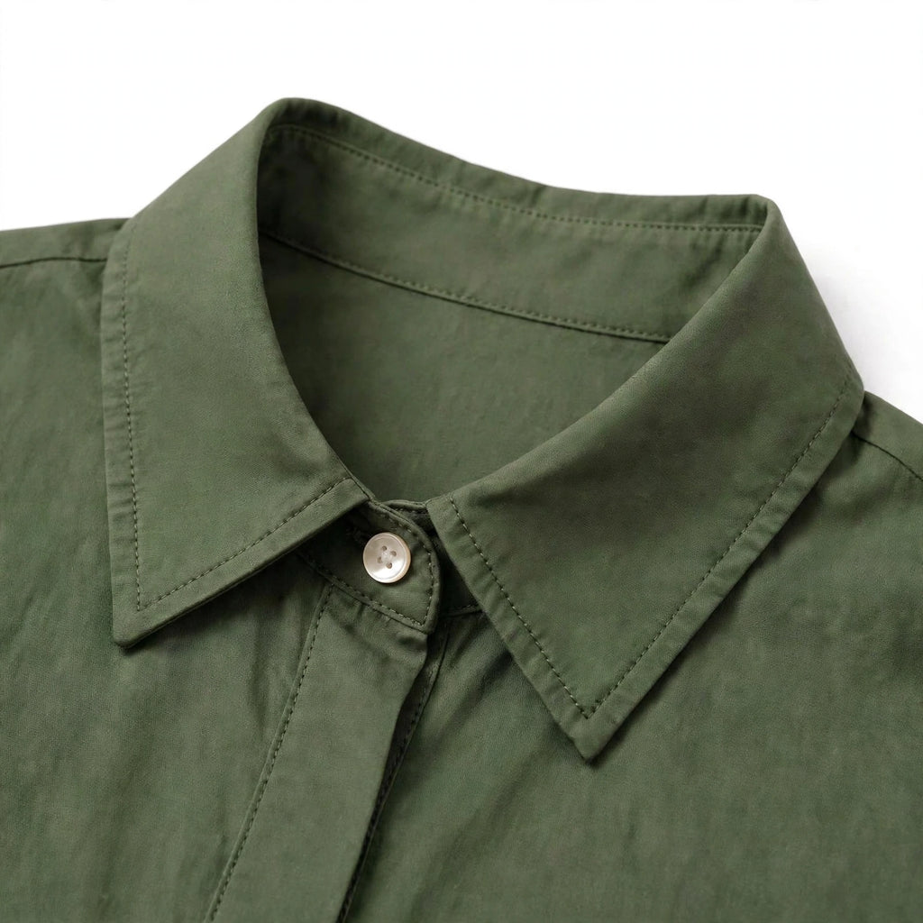 Olive Green Button Down Shirt & Beige Flapper Trouser For Women