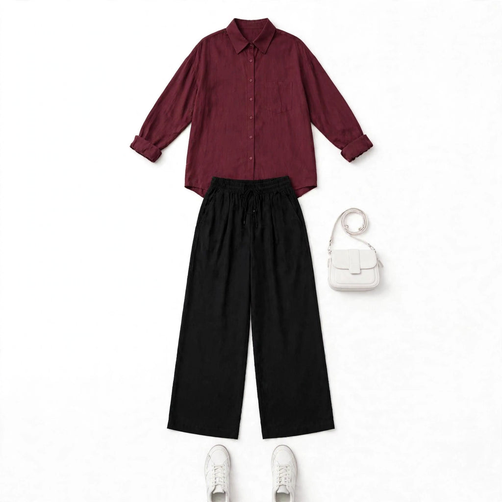 Maroon Button Down Shirt And Black Flapper Trouser Co-Ord Set